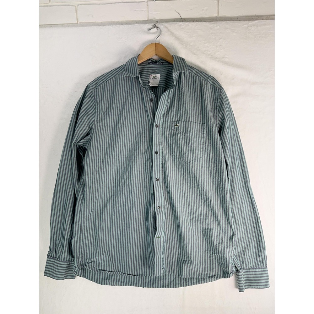 Lacoste Shirt Mens Large Green Gray Stripe Slim Fit Button Front Long Sleeve